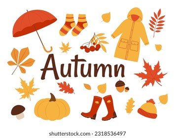 Vector set of autumn illustrations: falling leaves, umbrella, raincoat, socks, pumpkin, boots, hat, mushroom, rowan, acorn. Autumn postcard