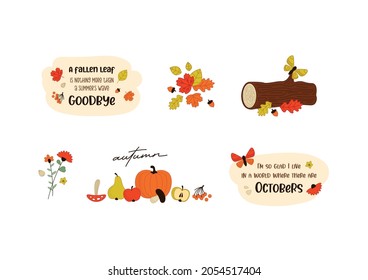 Vector set of autumn illustrations: harvest, falling leaves, apple, pear, pumpkin, wood, butterfly, flowers, lettering