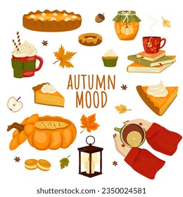 Vector set of autumn illustrations isolated on white background. Image for printing stickers, as an element of postcards, banners and illustrations. The concept of autumn mood, drinks and food.