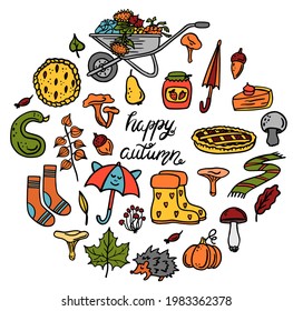 Vector set of autumn illustrations. Leaves, mushrooms, physalis, boots, wheelbarrow, pie, pumpkin, umbrella. Hand drawing. doodle.