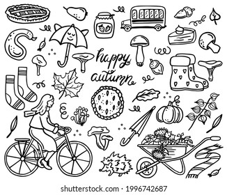 Vector set of autumn illustrations. Leaves, mushrooms, physalis, boots, wheelbarrow, pie, pumpkin, umbrella. Hand drawing. doodle.