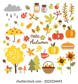 Vector set with autumn illustrations. Yellow leaves, pumpkins, umbrella, trees and other elements. Perfect for poster,  invitation, map, set of stickers and more.