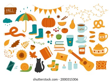 Vector set of autumn items: food and cozy attributes. 