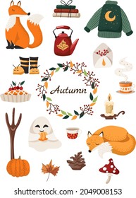 Vector set of autumn items: fox, books, teapot, cup, berries, leaves, pumpkin, pitchfork. Suitable for stickers, patterns, patterns, posters, wallpapers, invitations.