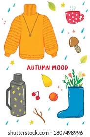 Vector set of autumn items, sweater, thermos and boots