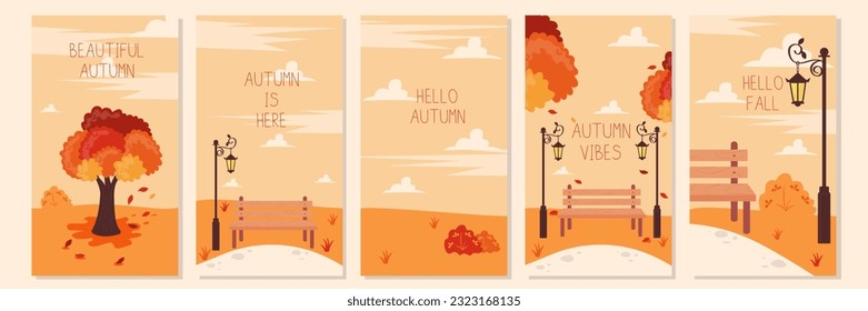Vector Set of Autumn Landscapes Vertical Templates Backgrounds Park Bench Street Lights and Autumn Trees