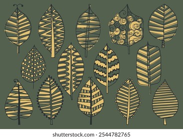 Vector set of autumn leaves decorated with ethnic patterns.