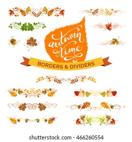 Vector set of autumn leaves design elements. Nature borders, page decorations and dividers isolated on white background. Hand-written lettering. Oak, rowan, maple, chestnut and aspen leaves.