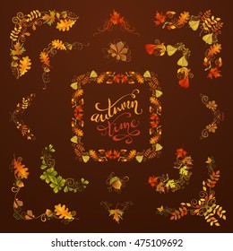 Vector set of autumn leaves design elements. Flourishes, swirls, corners, frames, page decorations and dividers on dark brown background. Oak, rowan, maple, chestnut, elm leaves and acorn.