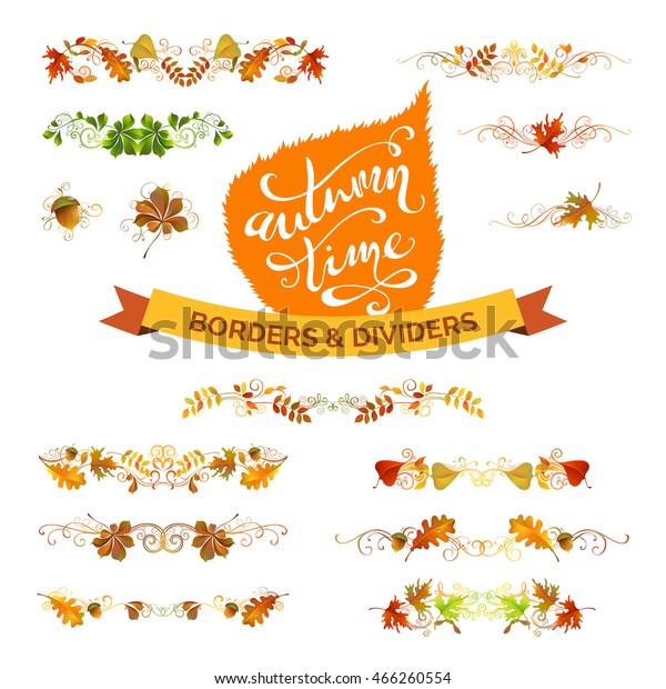 Vector set of autumn leaves design elements.\
Nature borders, page decorations and dividers isolated on white\
background. Hand-written lettering. Oak, rowan, maple, chestnut and\
aspen leaves.