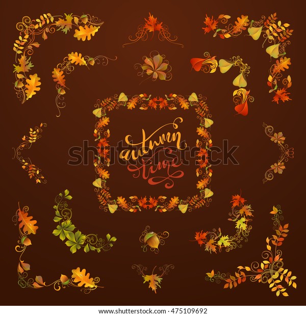 Vector
set of autumn leaves design elements. Flourishes, swirls, corners,
frames, page decorations and dividers on dark brown background.
Oak, rowan, maple, chestnut, elm leaves and
acorn.