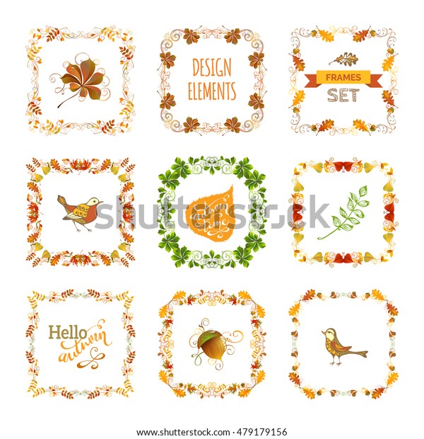Vector set of autumn leaves design elements.\
Frames, corners, page decorations and dividers, swirls and\
flourishes isolated on white background. Oak, rowan, maple,\
chestnut, elm leaves and\
acorn.