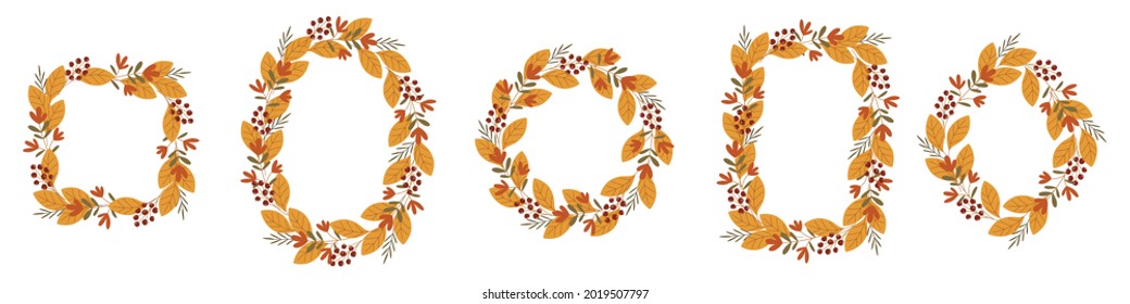 Vector set of autumn leaves frames. Collection of fall themed frames with design elements featuring leaves and rowan berries