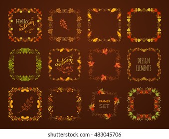Vector set of autumn leaves frames. Flourishes, swirls, corners, frames, page decorations and dividers on dark brown background. Oak, rowan, maple, chestnut, elm leaves and acorn.