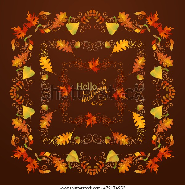 Vector set of autumn leaves\
frames. Flourishes, swirls, corners, frames, page decorations and\
dividers on dark brown background. Oak, rowan, maple, elm leaves\
and acorns.