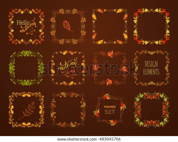 Vector set of\
autumn leaves frames. Flourishes, swirls, corners, frames, page\
decorations and dividers on dark brown background. Oak, rowan,\
maple, chestnut, elm leaves and\
acorn.