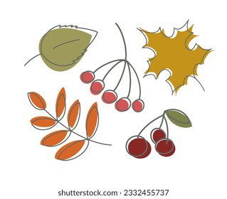 Conjunto vectorial de hojas de otoño con contorno gris. Objetos aislados sobre un fondo blanco. Elementos de diseño para la impresión de fondo de afiches de otoño en la paleta de colores de otoño