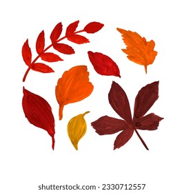 Vector set of autumn leaves hand-drawn in gouache. Isolated objects on a white background. Design elements for autumn poster background print