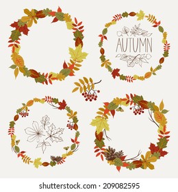 Vector set of autumn leaves round frames | Collection of fall themed circle shaped frames with design elements featuring leaves, rowan berries, acorns and pine cones