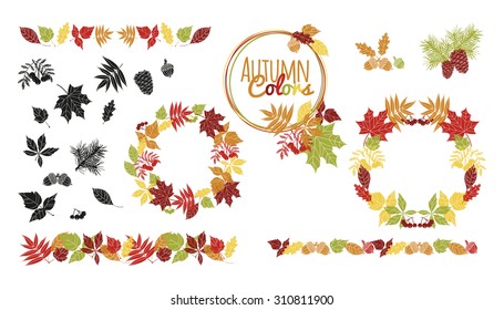 Vector set of autumn leaves round frames. Collection of fall themed circle shaped frames with design elements including leaves, rowan berries, acorns, fir-tree branches