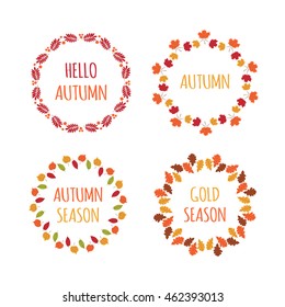 Vector set of autumn leaves in round frames with seasonal lettering. Collection of fall wreath with design elements - oak, maple, aspen and elm leaves and rowan berries.
