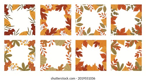 Vector set of autumn leaves square frames. Collection of fall themed frames with design elements featuring leaves and rowan berries