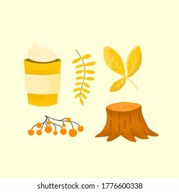 Vektorset von Herbst wie Kaffee, Blatt, Obst und Eiche. Sammlung von Elementen der Herbstsaison.