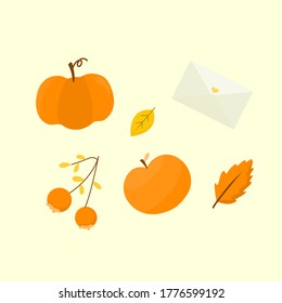 Vector set of autumn like pumpkin, mail, fruit, and leaf. Collection of fall season elements.