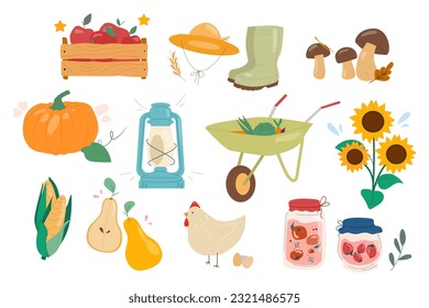 Conjunto de vectores, paquete de comillas de otoño, adorables elementos de diseño otoñal hongos, manzanas, peras, girasol, carretilla, maíz, pollo, mermelada, calabaza, linterna, sombrero, espigón. Elementos para banners, pegatinas, afiches