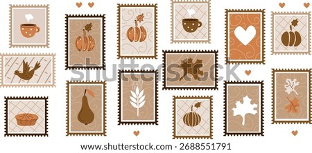 Vector set of autumn retro postage stamps featuring harvest elements. Fall season flat design for Thanksgiving, post cards, greeting card, and decoration.
