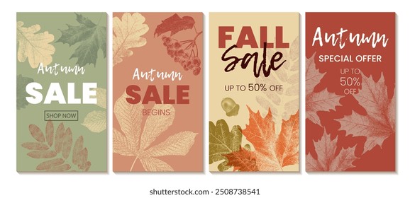 Vector set of autumn sale promotion templates with autumn leaves. Autumn advertisement illustrations with grainy photocopy effect for stories, flyers, banners.