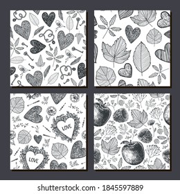 Conjunto de vectores de patrones de doodle sin fisuras de otoño. Corazones, hojas, manzanas, flores elementos dibujados a mano caen fondo