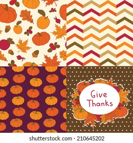 Vector set of autumn seamless patterns and Give thanks card. Harvest background.