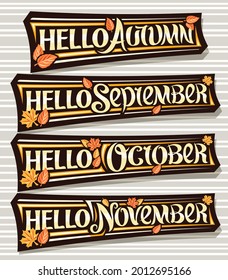 Vector set for Autumn Season, dark logos with curly calligraphic font, falling autumn leaves and decorative stripes, collection of isolated badges with swirly lettering on gray striped background.