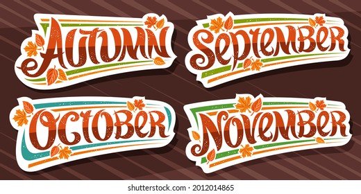 Vector set for Autumn Season, white logos with curly calligraphic font, falling autumn leaves and decorative confetti, collection of isolated stickers with swirly unique lettering on brown background.