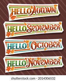Vector set for Autumn Season, white logos with curly calligraphic font, falling autumn leaves and decorative confetti, collection of isolated stickers with swirly unique lettering on brown background.