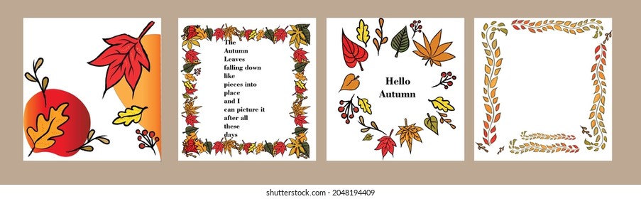 Vector Set of autumn social media post templates. Hand drawn Autumn leaves. Fall Background collection with space for text. concept for ads, invitation, sales, promo, or cards, prints, and frames.