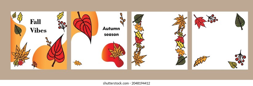 Vektorset von Herbst-Social-Media-Post-Vorlagen. Handgezeichnete Herbstblätter. Herbsthintergrundkollektion mit Platz für Text. Konzept für Werbung, Einladung, Verkauf, Werbeaktion, Thanksgiving, Oktober oder Karten.