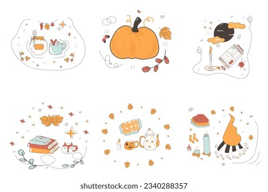 Vector Set of autumn stickers with pumpkin, warm jacket, cup with hot drink, decorated with acorns and leaves