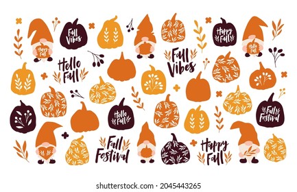 Vector set autumn symbols and elements. Hand drawn pumpkin, leaf, cute gnome, lettering quote on white background. Harvest, Fall season, Halloween decoration. Template for poster, card, sticker