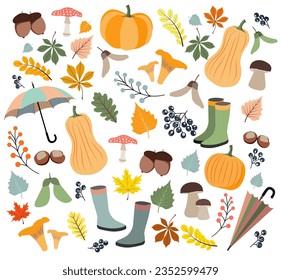 Vector Set with Autumn Symbols and Elements. 
Pumpkin, Berries, Mushrooms, Umbrella, Boots. Autumn. Collection of Scrapbooks on the Theme of the Autumn Season. Autumn Postcard. Colored Flat Illustrati