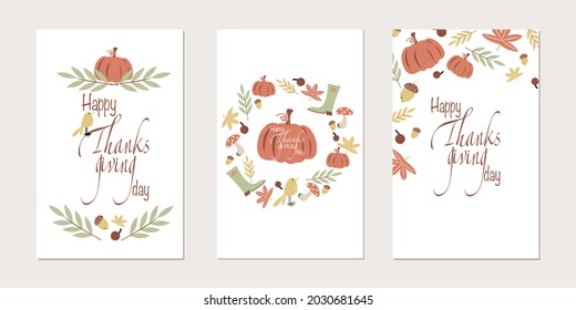 Vector set of autumn thanksgiving invitations and greeting cards. Autumn fall harvest Thanksgiving illustration with pumpkin, autumn oak leaves