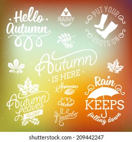 Vector set of autumn themed retro design elements | Fall vintage elements | Everything for the autumn text decoration | Hello Autumn, rain keeps falling down | Colorful abstract autumn background