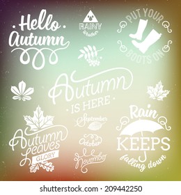 Vector set of autumn themed retro design elements | Fall vintage elements | Everything for the autumn text decoration | Hello Autumn, rain keeps falling down | Calm autumn sky abstract background