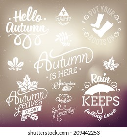 Vector set of autumn themed retro design elements | Fall vintage elements | Everything for the autumn text decoration | Hello Autumn, rain keeps falling down | Moody sky abstract background