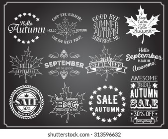 Vector set of autumn themed retro design elements on blackboard.Hello Autumn and Hello September vintage labels. Autumn sale badge