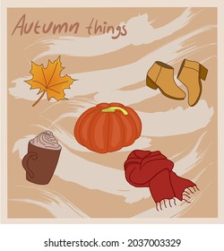 Vector set autumn things such as boot, pumpkin,coffee latte, maple leave and scraft