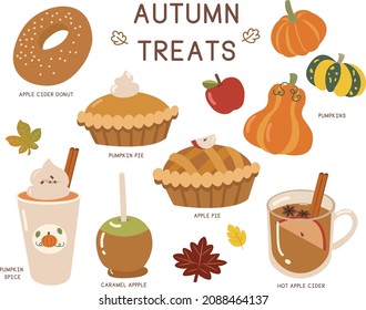 A vector set of Autumn Treats icons: apple cider donut, pumpkin pie, apple pie, pumpkins, apple cider drink, caramel apple, pumpkin spice, leaf.