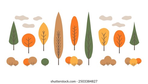 Vector set of autumn trees for design, flat.