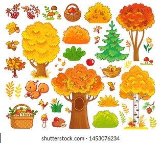 Vector set with autumn trees and forest animals. Collection of autumn trees and cute mammals.